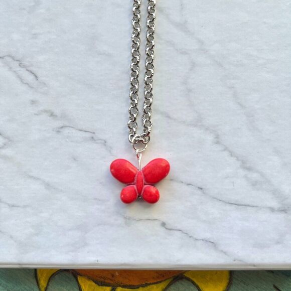 Red Butterfly Charm Silver Chain Necklace - Picture 4 of 5